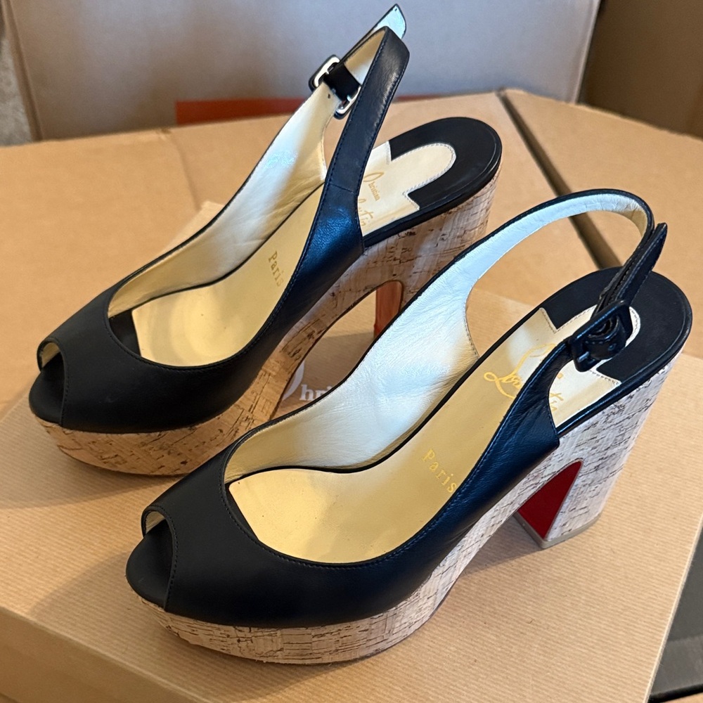 Authentic Christian Louboutin Black Peep-Toe Slingback Wedges